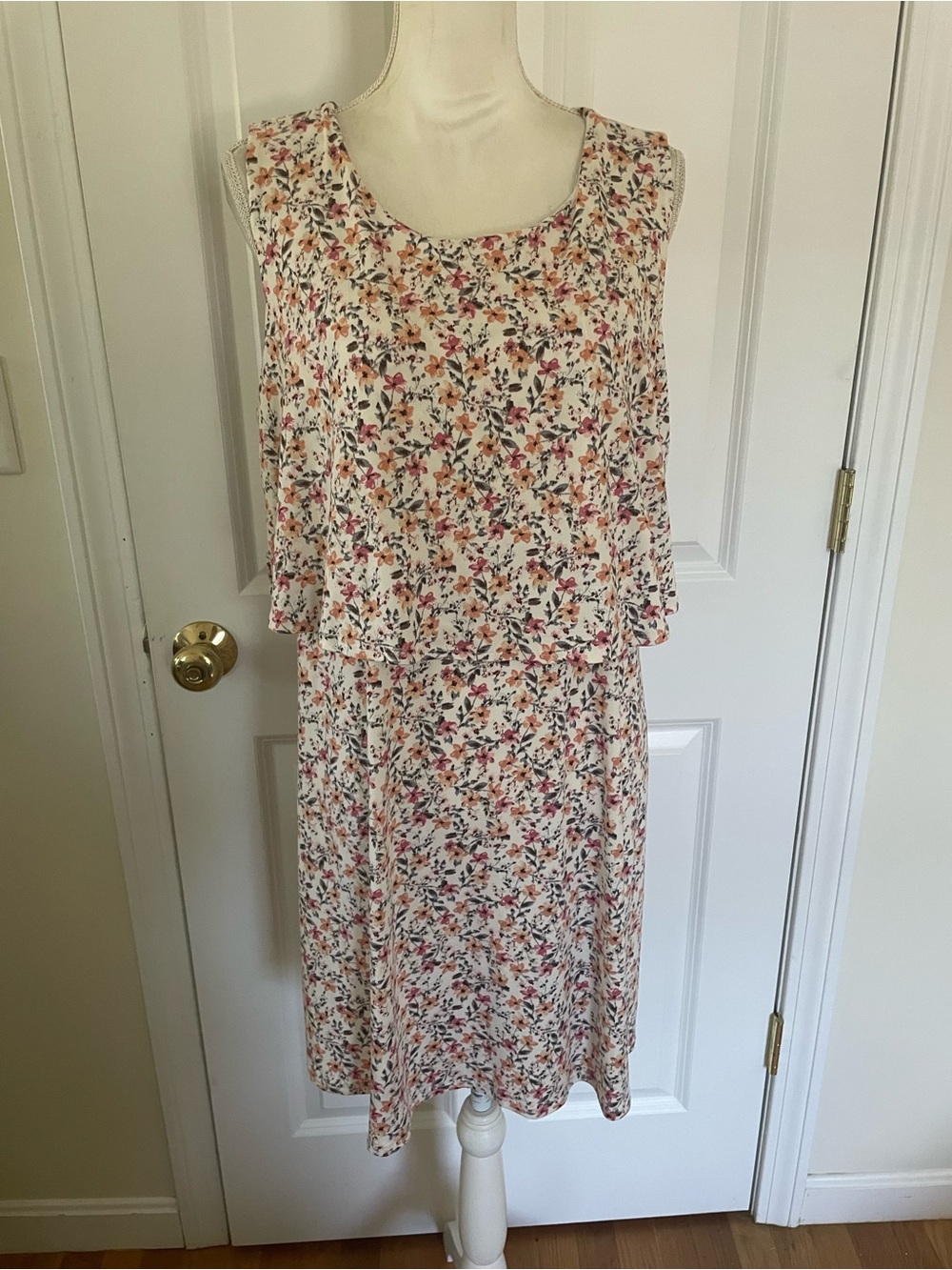 Tiana B. Sleeveless Floral Midi Dress in Cream with Pink & Orange Blossoms